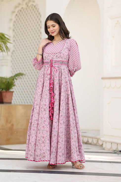 MULMUL VYANJANA FLORAL JAAL BLOCK PRINTED FIT & FLARED DRESS MULMUL VYANJANA FLORAL JAAL BLOCK PRINTED FIT & FLARED DRESS